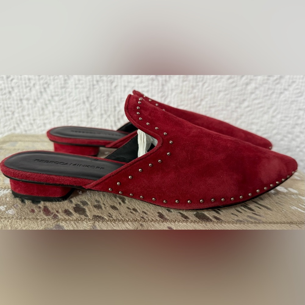 Rebecca Minkoff Chamille Red Suede Studded Mule Slides – Size 8.5